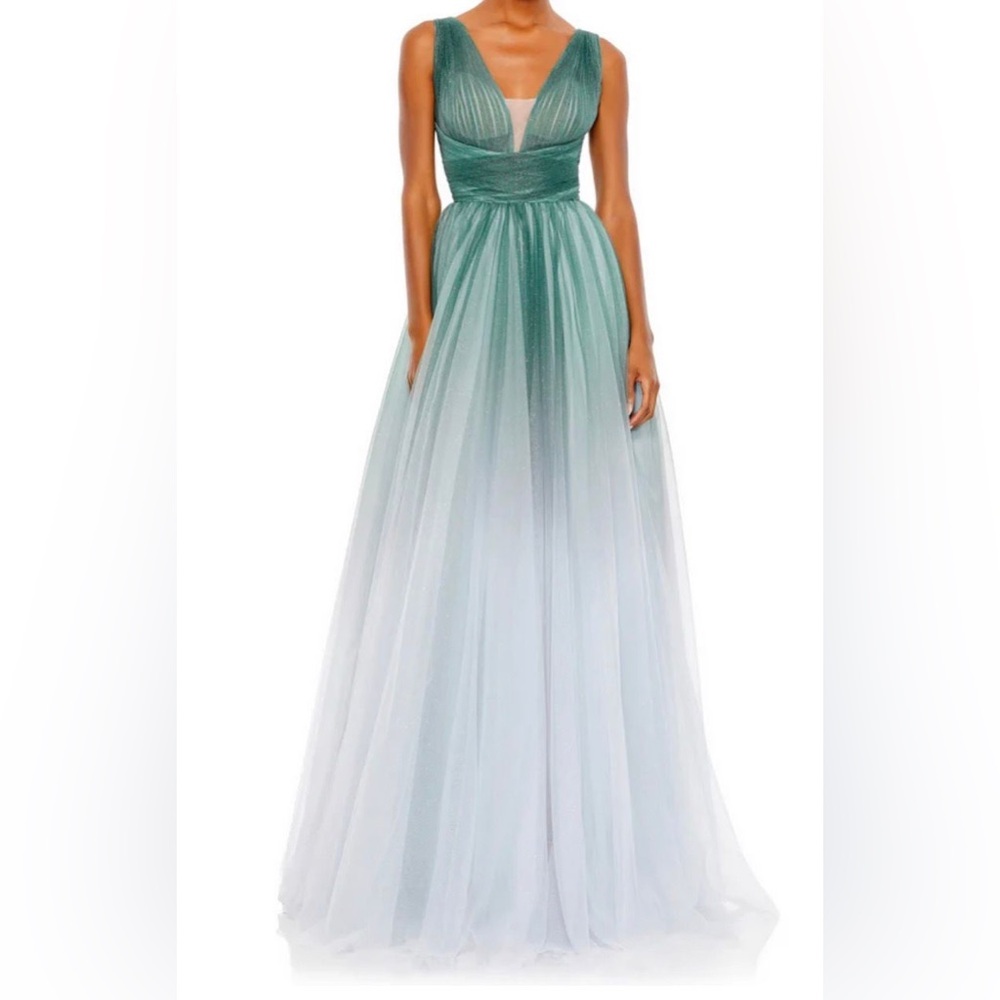 Mac Duggal Teal and White Maxi Dress